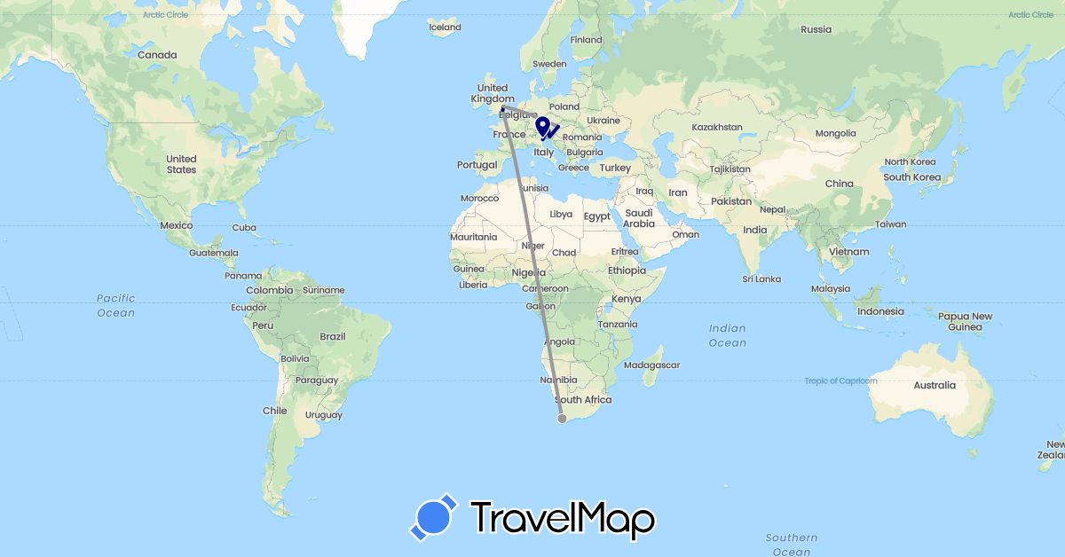 TravelMap itinerary: driving, plane in Austria, United Kingdom, Italy, Slovenia, Slovakia, South Africa (Africa, Europe)